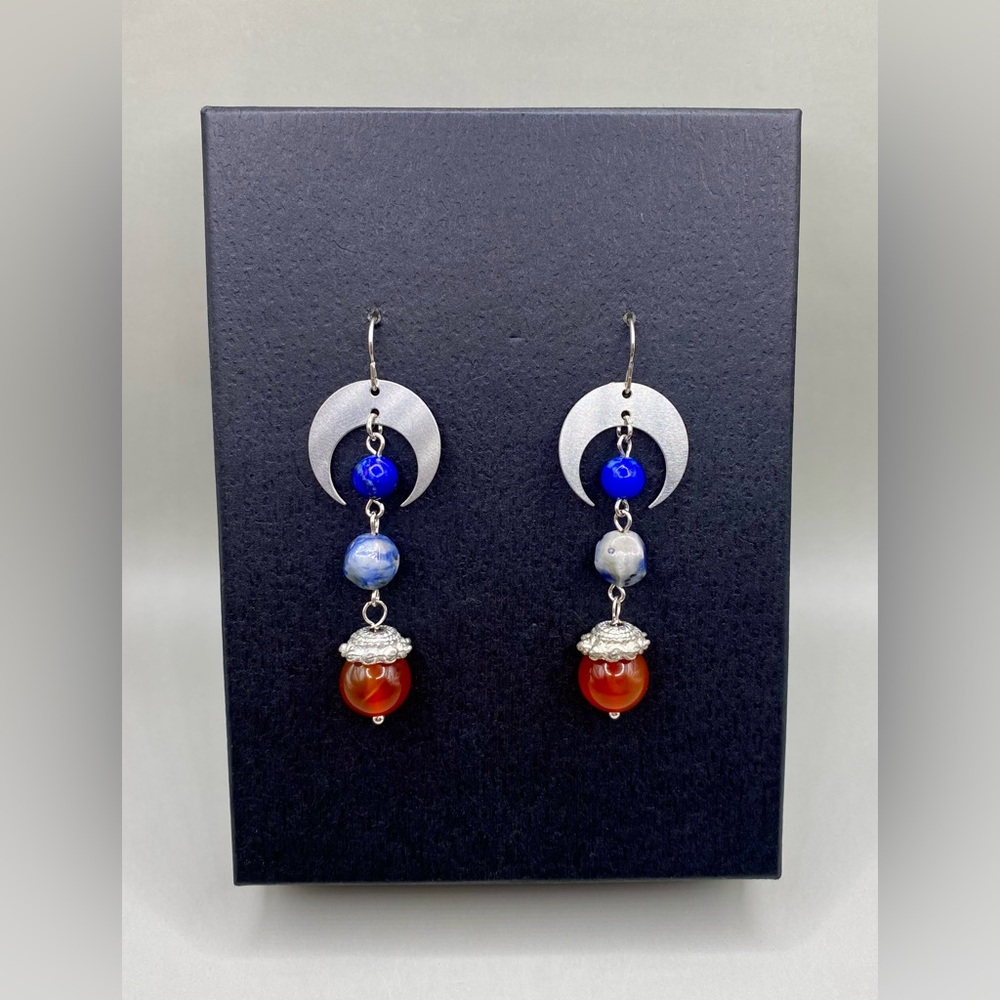 🌜💙Carnelian Sodalite Lapis Lazuli Moon Earrings